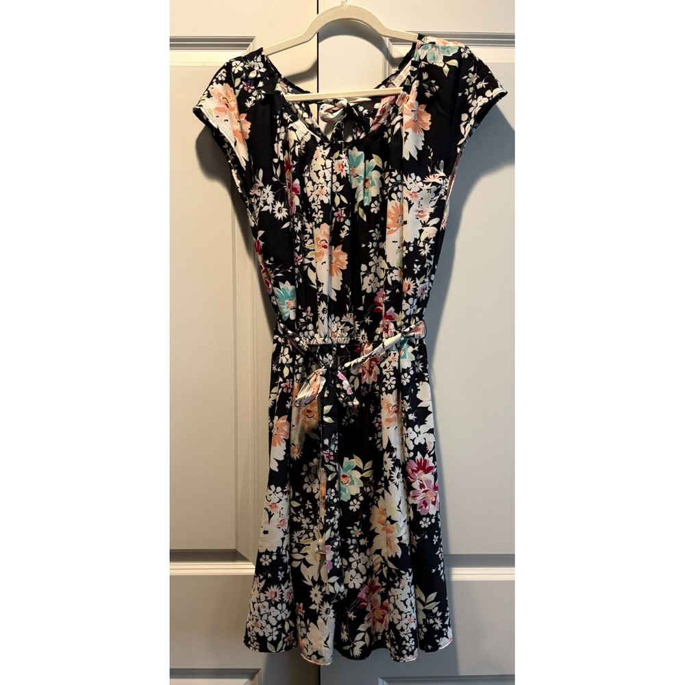 LC Lauren Conrad Womens Midi Dress Black Floral Tie Waist Short Sleeve Boho XL
